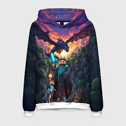 Толстовка-худи мужская Дракон края и Стив - Майнкрафт арт, цвет: 3D-белый