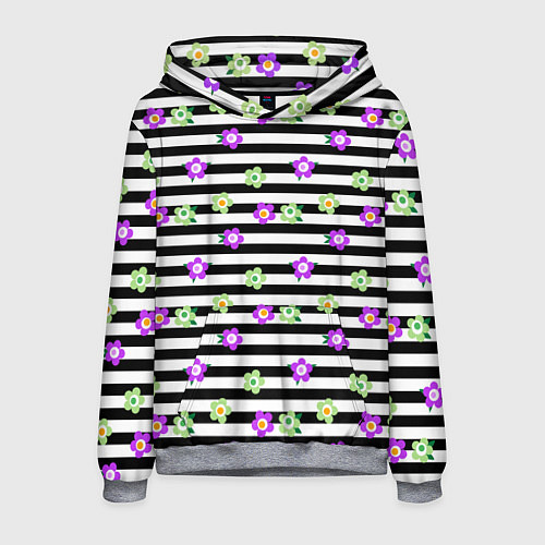 Мужская толстовка Фиолетовые зеленый цветы на черно белом полосатом / 3D-Меланж – фото 1