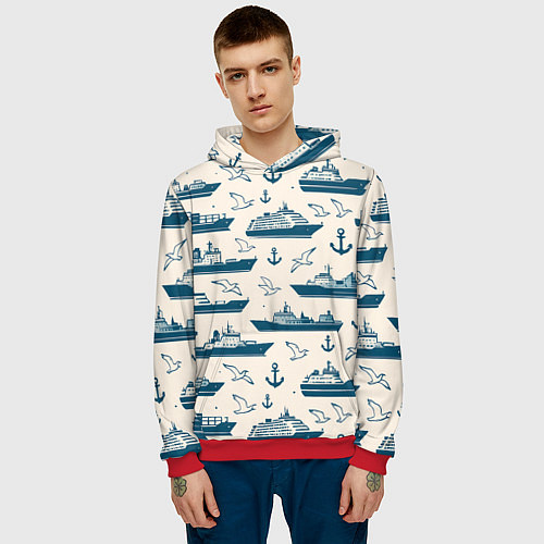 Мужская толстовка Морской паттерн из чаек, якорей и кораблей / 3D-Красный – фото 3