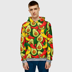 Толстовка-худи мужская Авокадо, бананы, перцы чили улыбаются - паттерн фр, цвет: 3D-меланж — фото 2