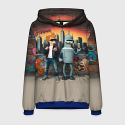 Толстовка-худи мужская Фрай и Бендер на фоне стены с граффити, цвет: 3D-синий