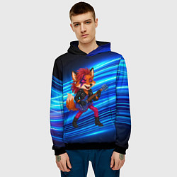 Толстовка-худи мужская Лиса в косухе и гитарой - рок звезда, цвет: 3D-черный — фото 2