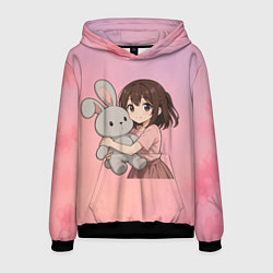 Толстовка-худи мужская Девочка обнимает зайцика в аниме, цвет: 3D-черный