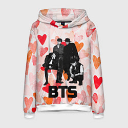 Толстовка-худи мужская BTS на фоне сердечек, цвет: 3D-белый