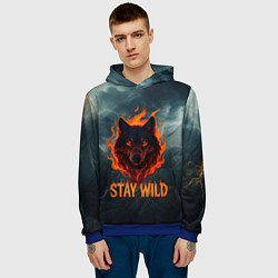Толстовка-худи мужская Stay wild волк в огне, цвет: 3D-синий — фото 2