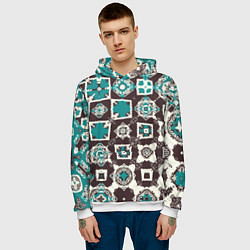 Толстовка-худи мужская Бирюзово-коричневая геометрическая текстура, цвет: 3D-белый — фото 2