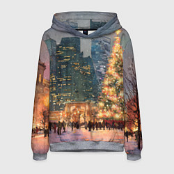 Толстовка-худи мужская Москва - сити и новогодняя елка, цвет: 3D-меланж