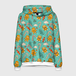 Толстовка-худи мужская Новогодний паттерн печенье с конфетами, цвет: 3D-белый