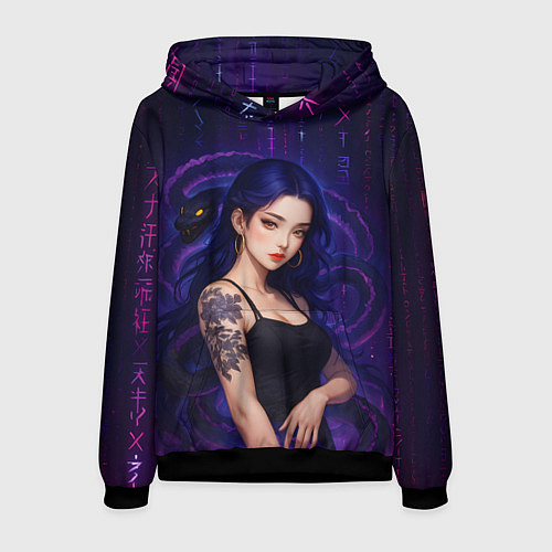 Мужская толстовка Девушка с тату на руке и пурпурная змея / 3D-Черный – фото 1