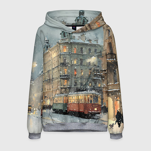 Мужская толстовка Трамваи в зимнем Санкт-Петербурге / 3D-Меланж – фото 1