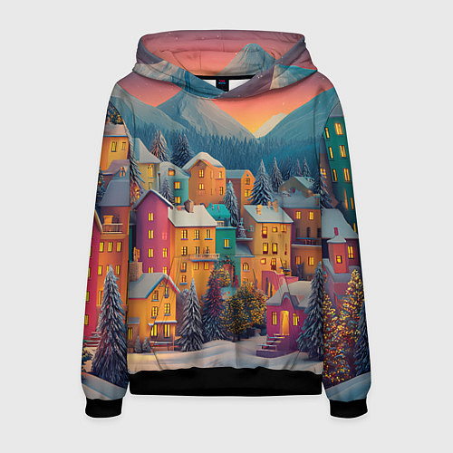 Мужская толстовка Новогодний город в горах / 3D-Черный – фото 1