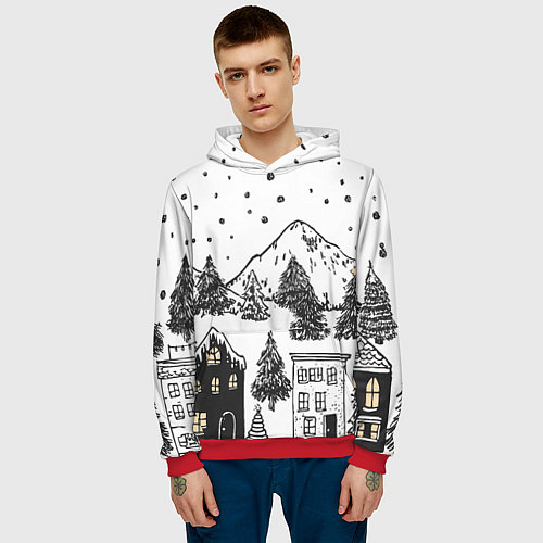Мужская толстовка Заснеженный черно-белый город / 3D-Красный – фото 3