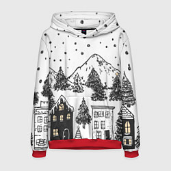 Толстовка-худи мужская Заснеженный черно-белый город, цвет: 3D-красный