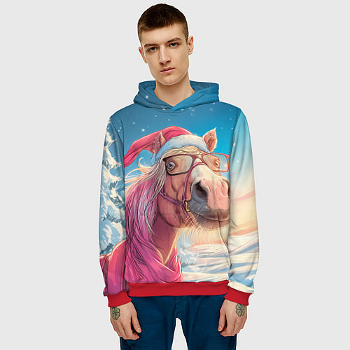 Мужская толстовка Новогодняя лошадь в очках / 3D-Красный – фото 3