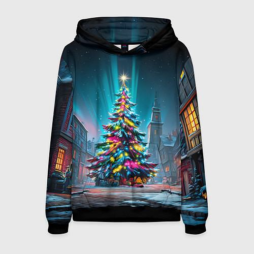 Мужская толстовка Новогодняя елка в гирляндах / 3D-Черный – фото 1