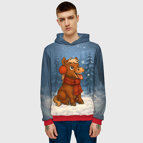 Мужская толстовка Лошадка ловит снежинку / 3D-Красный – фото 3