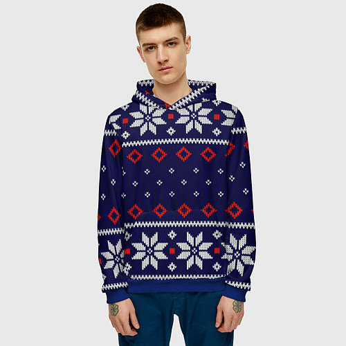 Мужская толстовка Вязаный новогодний узор / 3D-Синий – фото 3