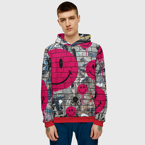 Мужская толстовка Розовые смайлы граффити / 3D-Красный – фото 3