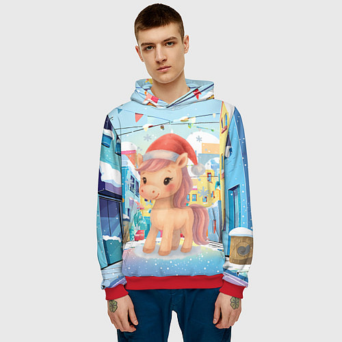 Мужская толстовка Лошадка с новогоднем венком / 3D-Красный – фото 3