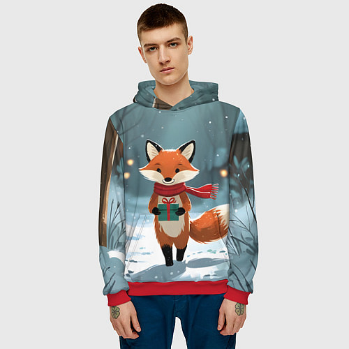 Мужская толстовка Лисичка с подарком зимой / 3D-Красный – фото 3