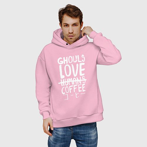 Мужское худи оверсайз Ghouls Love Coffee / Светло-розовый – фото 3