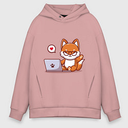 Толстовка оверсайз мужская Cute fox and laptop, цвет: пыльно-розовый