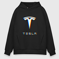 Толстовка оверсайз мужская TESLA MOTORS GLITCH ТЕСЛА, цвет: черный
