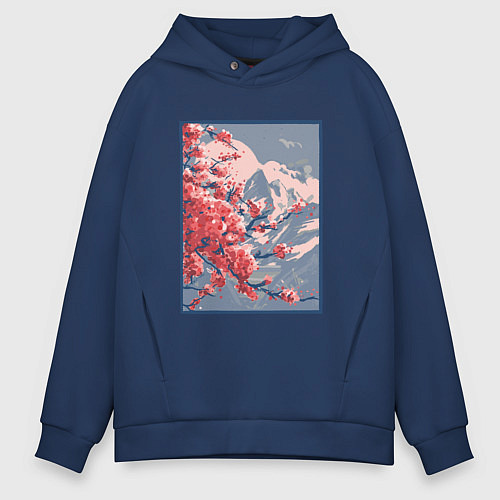 Мужское худи оверсайз Цветение Сакуры на фоне Фудзи / Тёмно-синий – фото 1