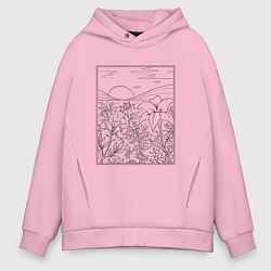 Толстовка оверсайз мужская Пейзаж с холмами и цветами, цвет: светло-розовый