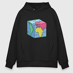 Толстовка оверсайз мужская Квадратный глобус земли, цвет: черный