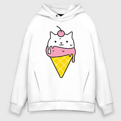 Толстовка оверсайз мужская Ice Cream Cat, цвет: белый