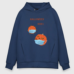 Толстовка оверсайз мужская Halloween 2021 , тыква в маске и коронавирус, цвет: тёмно-синий