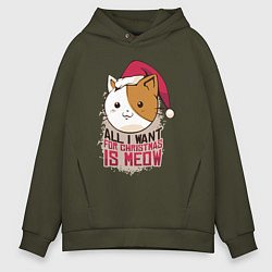 Толстовка оверсайз мужская Christmas Cat, цвет: хаки