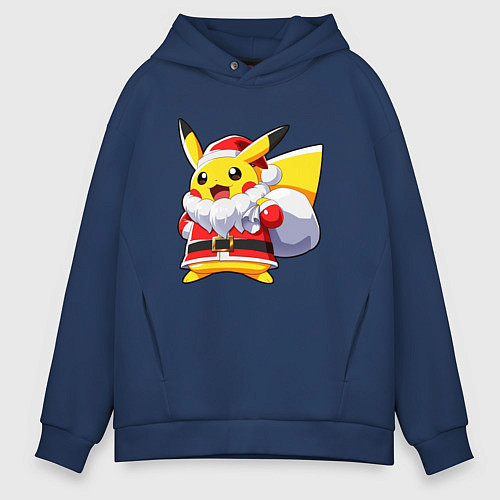 Мужское худи оверсайз НОВОГОДНИЙ ПИКАЧУ САНТА КЛАУС / Тёмно-синий – фото 1