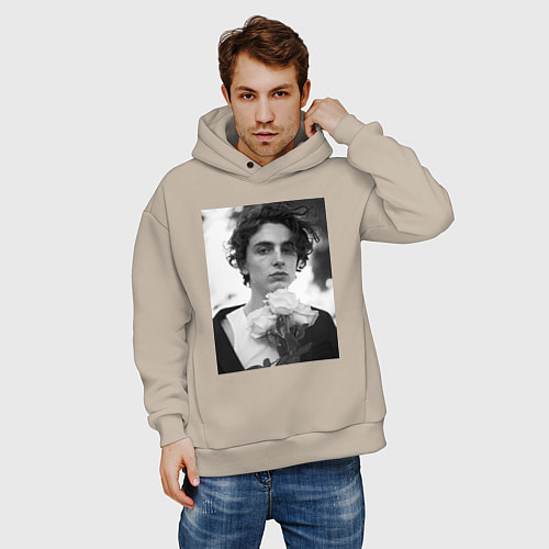Мужское худи оверсайз Timothee Chalamet с розами / Миндальный – фото 3