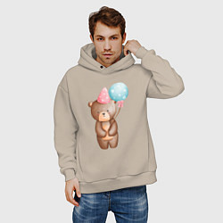 Толстовка оверсайз мужская Медвежонок с шариками День Рождения, цвет: миндальный — фото 2