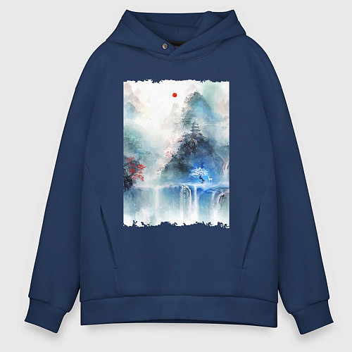 Мужское худи оверсайз Изумительный японский пейзаж / Тёмно-синий – фото 1