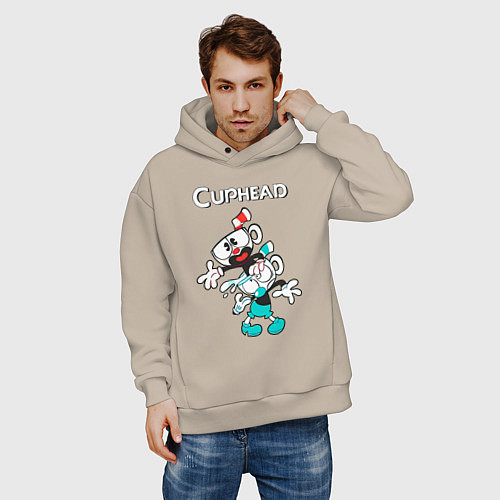 Мужское худи оверсайз Cuphead веселые чашечки / Миндальный – фото 3