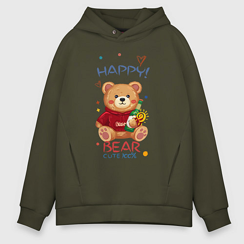 Мужское худи оверсайз СЧАСТЛИВЫЙ МИШКА HAPPY BEAR CUTE 100% / Хаки – фото 1