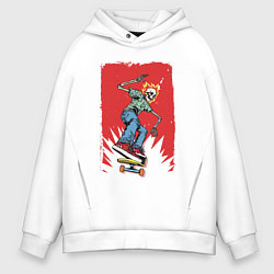 Толстовка оверсайз мужская Fire skull Skateboarding man on a red background E, цвет: белый