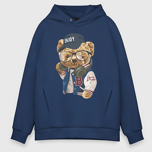 Мужское худи оверсайз Прикольный мишутка Enjoy / Тёмно-синий – фото 1