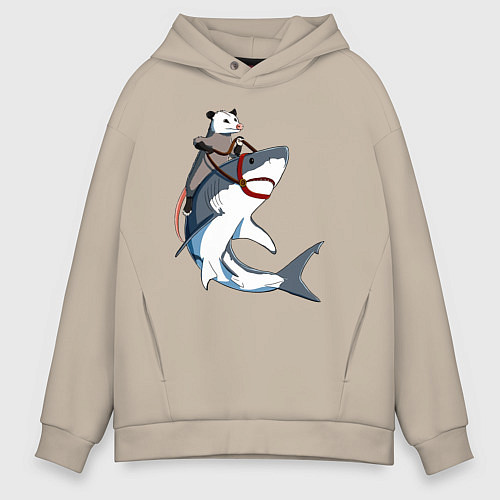 Мужское худи оверсайз Опоссум верхом на акуле / Миндальный – фото 1
