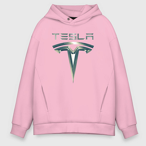 Мужское худи оверсайз Tesla Logo Тесла Логотип Карбон / Светло-розовый – фото 1