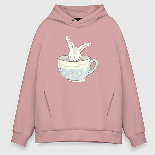 Мужское худи оверсайз Кролик в чашке / Пыльно-розовый – фото 1