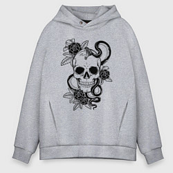 Толстовка оверсайз мужская Чёрная мамба обвивает череп и розы, цвет: меланж