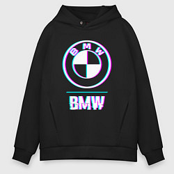 Толстовка оверсайз мужская Значок BMW в стиле glitch, цвет: черный
