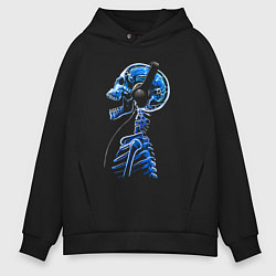 Толстовка оверсайз мужская Скелет в наушниках - меломан, цвет: черный
