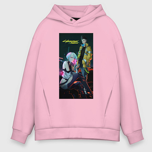 Мужское худи оверсайз Аниме Cyberpunk Edgerunners Дэвид и Люси / Светло-розовый – фото 1