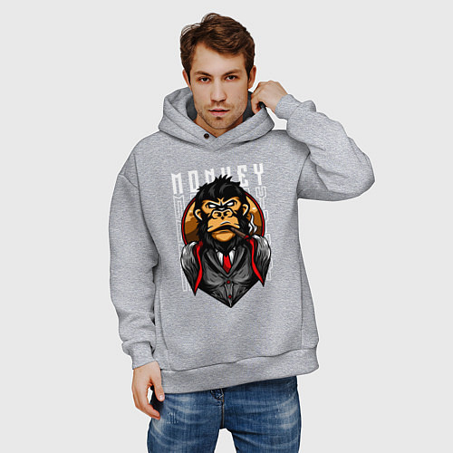Мужское худи оверсайз Обезьяна в костюме / Меланж – фото 3