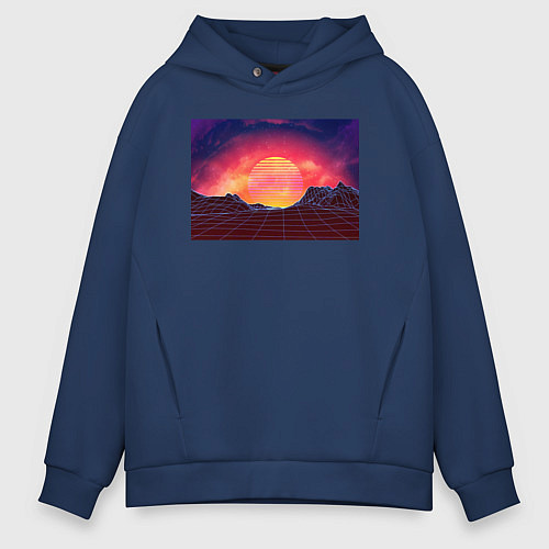 Мужское худи оверсайз 3D неоновые горы на закате / Тёмно-синий – фото 1